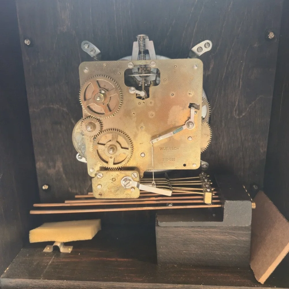 Vintage Wuersch West Germany Mantel Clock Key Wind Chime Wood Case Paper Working